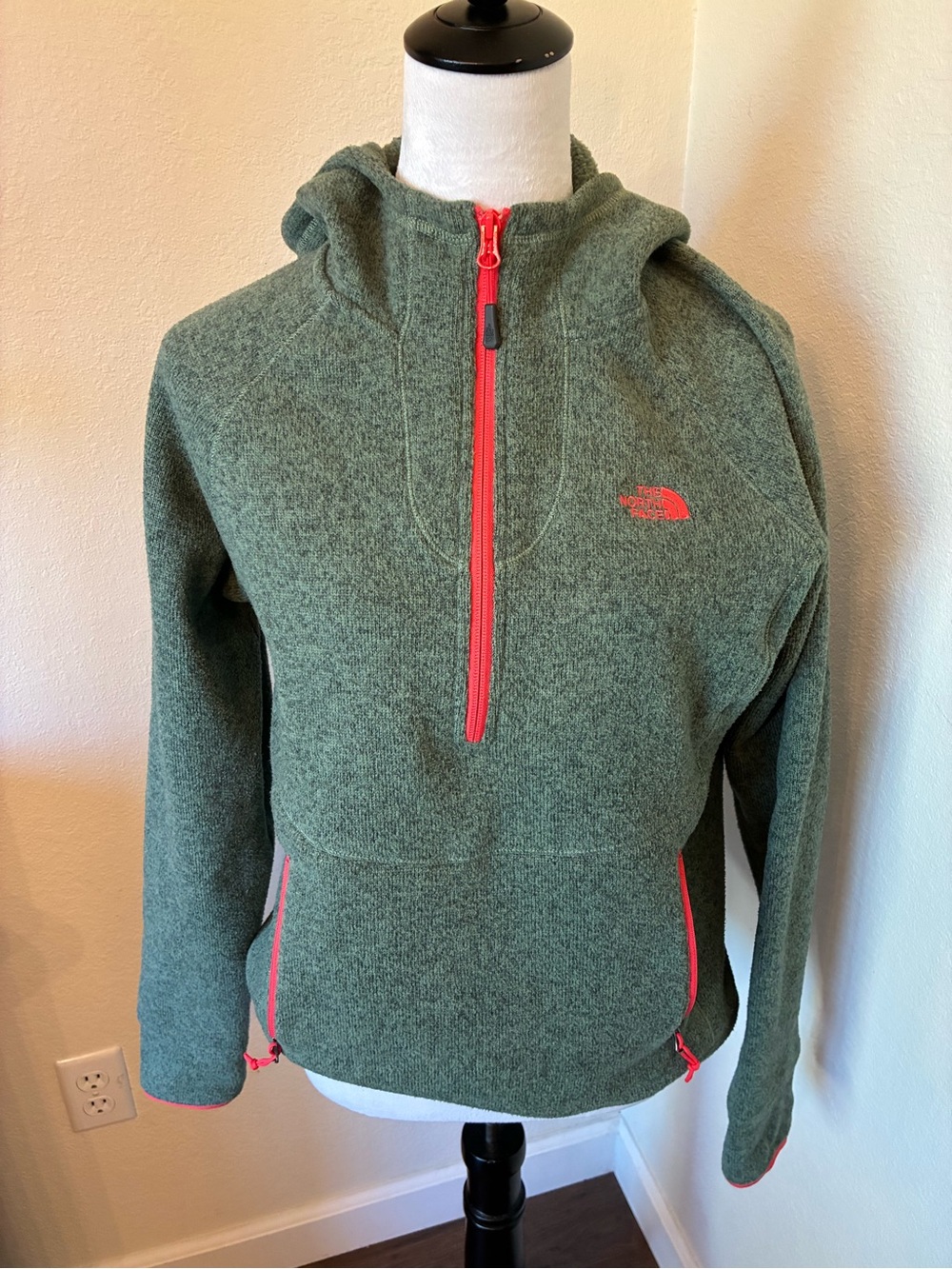 The North Face Green Half-Zip Fleece Hoodie with Coral Trim